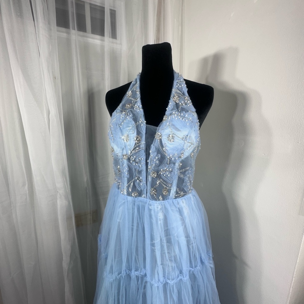 Elegant Baby Blue Fairytale Beaded Halter Prom Dress - Picture 2 of 15